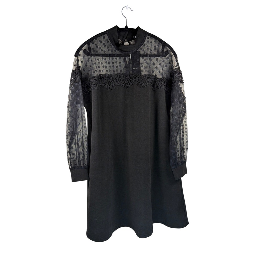 Sheila Dress Small Lace Arms, high Neck Trim, polka dot‎ sheer black A-line new
